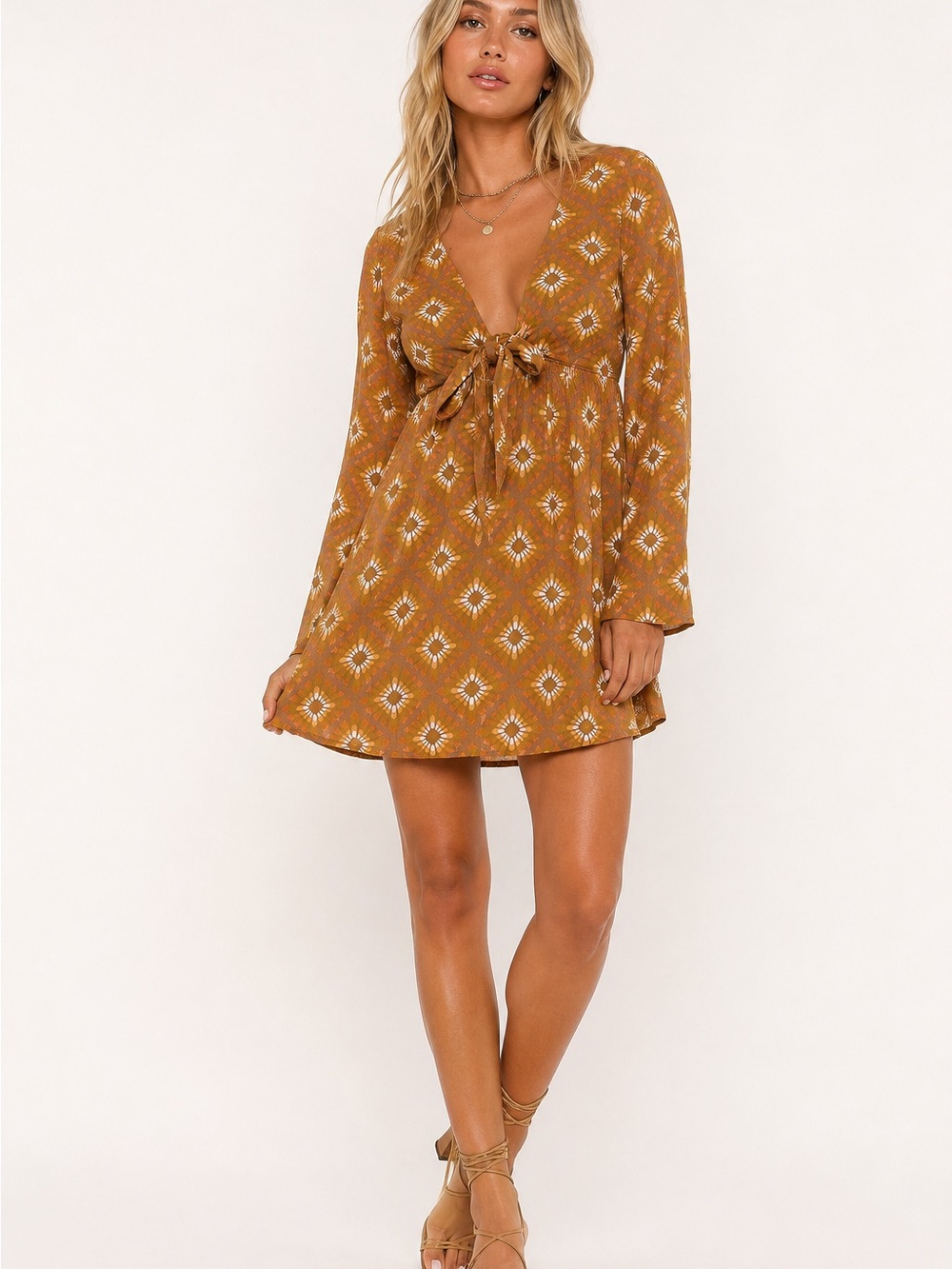 Volcom Mustard Tie-Front Mini Dress with Geometric Print